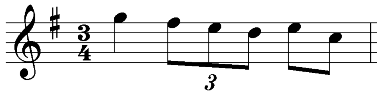 Music notation example showing equivalent bar rewritten in simple time with triplet grouping for time signature conversion in theory practice